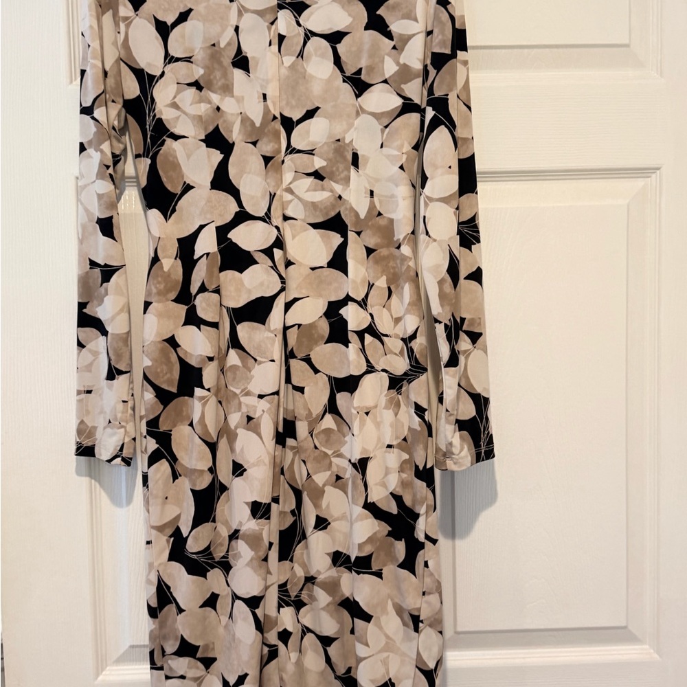 Calvin Klein Black and Cream Leaf Print Long Sleeve Dress